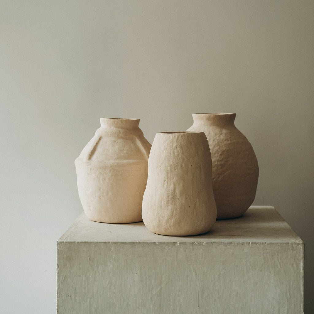 Neutral Sora ceramic vases displayed on a plinth
