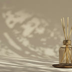 Reed diffuser casting soft botanical shadows in a bedroom